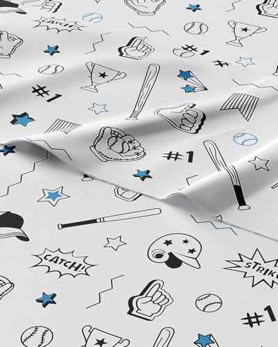 Image of Kids Full Baseball Blue Bed Sheets - 4 Piece Kids Baseball Blue Sheet Set | Baseball Blue Themed Bedding, Ultra-Soft, Cute & Cozy, Breathable & Machine Washable, Bed Set for Boys, Girls & Teens, Comfy