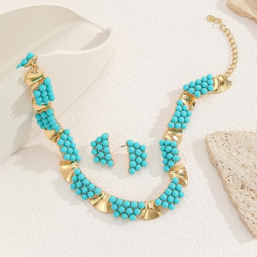 Octwine Boho Shining Blue Turquoise Necklace Teardrop Dangle Earrings Set for Women Bridal Wedding Prom Gold Blue Simple Choker Necklace Vintage Party Prom Wedding Statement Necklace Earrings Set for Women2
