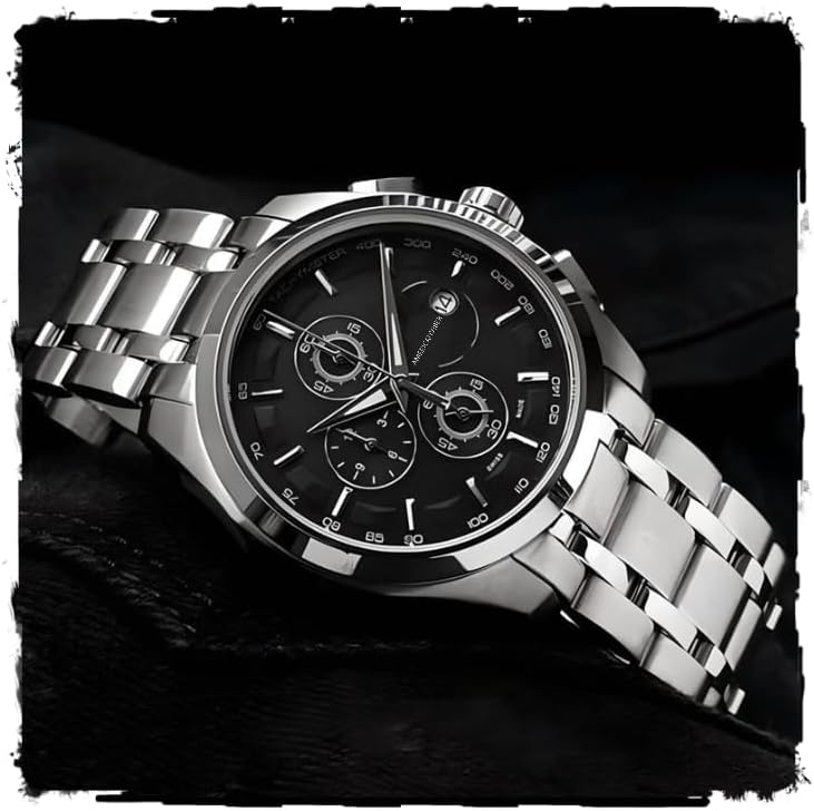 AMERICANVIBER Men’s Analog Wrist Watch with Stainless Steel Silver & Black Strap, Chronograph Design, Stylish Everyday & Formal Wear Under 500, Gift for Men