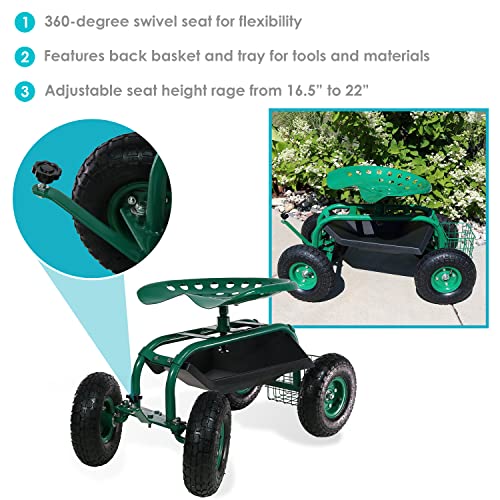 Sunnydaze Rolling Gardening Chair Cart With Wheels - Full Range 360 Swivel Seat With Adjustable Height - Utility Tool Tray And Storage Basket - Green #TOP3