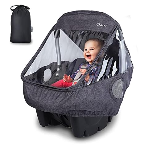 Orzbow Universal Baby Car Seat Rain Cover,Infant Car Seat Weather Shield with Bag,Handle Opening,Quick-Access Zipper and Side Ventilation,Necessary Protection for Babies or Pets in Crowded (Black) Cover
