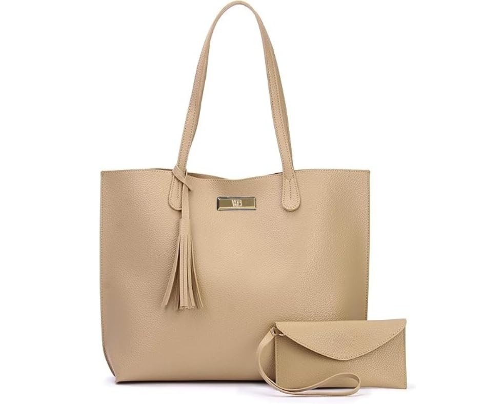 Bolsa Tote Feminina Grande com Carteira, Couro Sintético Borgonha, Alça de Ombro com Tassel (NUDE)