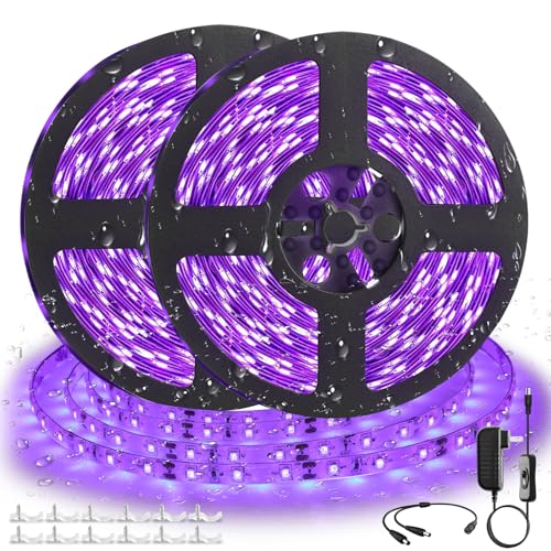 SHGPODA Waterproof 33FT/10M LED Black Light Strip kit, IP65 Blacklight Strip with 600 LED, 12V, 385-400nm, Flexible Blacklights for Glow in The Dark Birthday Wedding Party Night, Halloween, Christmas