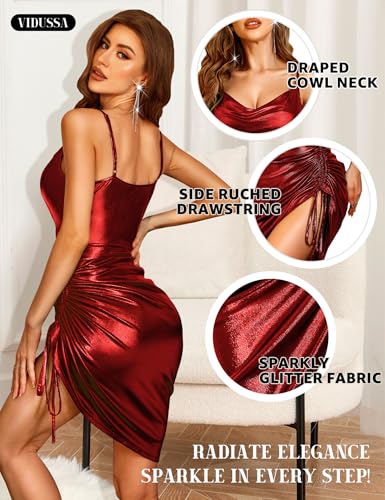 Image of VIDUSSA Women's Sparkly Glitter Dress Cowl Neck Spaghetti Strap Ruched Bodycon Cocktail Party Night Club Midi Dresses