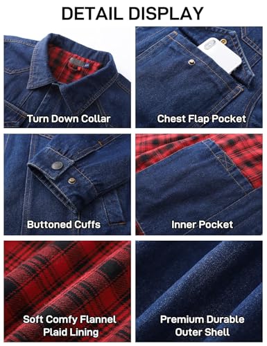 Flygo Mens Flannel Lined Denim Jacket Snap Cowboy Cut Western Classic Slim Fit Vintage Heavy Duty Jacket Trucker Coat