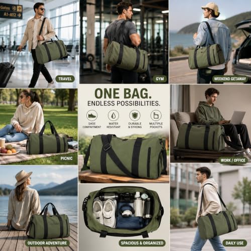 Image of Storite Travel Duffel Bag with Shoe Compartment-Olive, 44x27x21 Cm | Water Resistant Nylon, Lightweight, Front Zipper Pocket, Adjustable Shoulder Strap, Spacious Storage, Travel, Gym, Daily Use