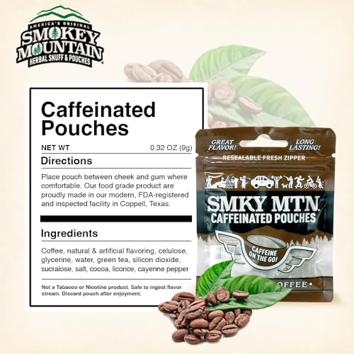 Image of SMOKEY MOUNTAIN Caffeinated Pouches - Caramel Coffee - Tobacco Free and Nicotine Free - 15 Pouches Per Pack - 5 Packs