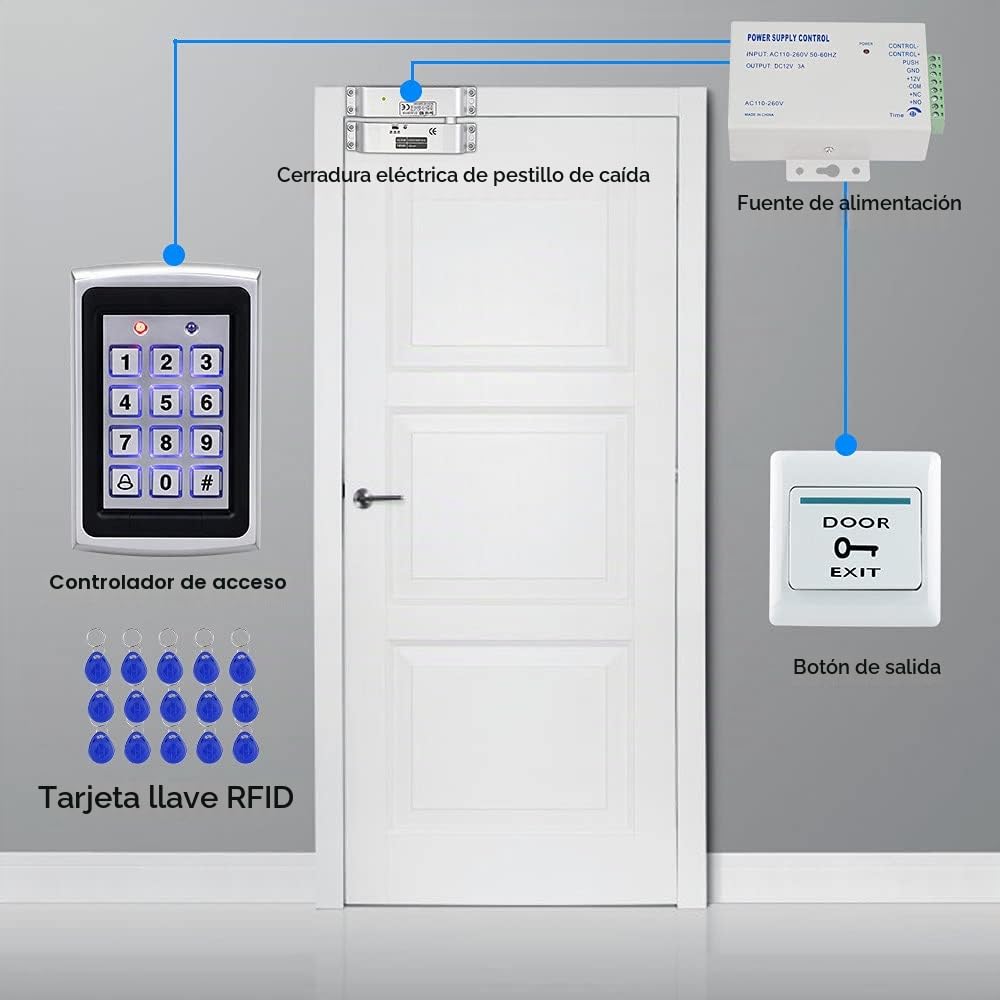 KUMU Sistema de Control de Acceso de Puerta RFID Impermeable al Aire Libre Teclado de metal Cerradura Electrónica+Cubierta a Prueba de Lluvia+Botón de Salida+Llaveros de 15pcs para el Hogar/Oficina