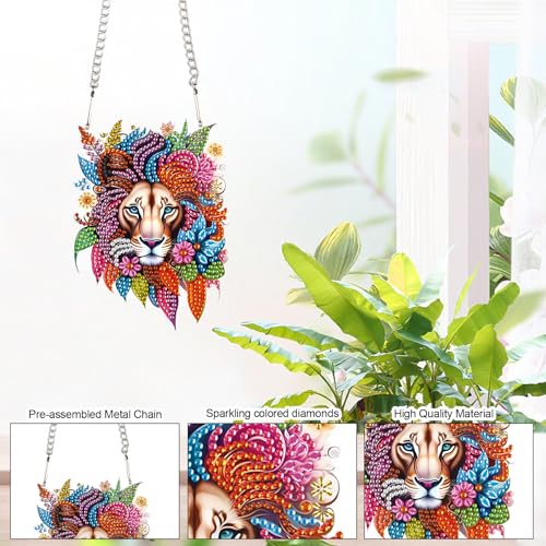 Image of Lion Diamond Painting Hanging Pendant Kit, DIY Crystal Acrylic Sun Catcher Diamond Art for Adults, 5D Special Shaped Rhinestone Ornament for Window, Wall or Garden Decoration, Handmade Animal Gift
