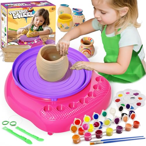 Vinkp Pottery Wheel for Kids - Complete Pottery Painting Kit Arts and Crafts for Kids Ages 8-12 with DIY Clay Art Supplies for Girls Boys Toys Birthday Christmas Gifts for 6 7 8 9 10 11 12 - Pink