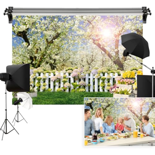 Vie Savaran 5x3ft Spring White Flower Backdrop for Photography Floral Trees Lawn Rustic Garden Fence Background for Easter Wedding Bridal Shower Mothers Day Womens Day Birthday Adults Kids Portraits