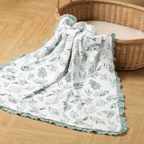 Image of Organic Baby Blanket Flounce Edge Large 50 inchx43 inch Leaf Sagegreen, 100% Cotton Muslin Soft Breathable Toddler Quilt Crib Blankets Gender Neutral for Baby Boys Girls Bassinet, Bed, Stroller & Snuggling