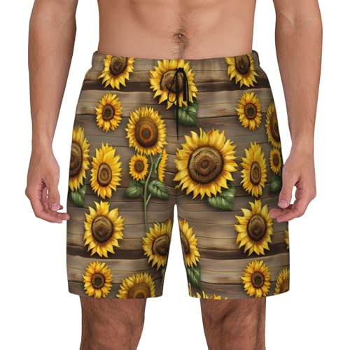 Sunflowers On Wooden Print Men Stylish Functionality Swim Trunks Breathable Beach Shorts Surfing Gym Fishing