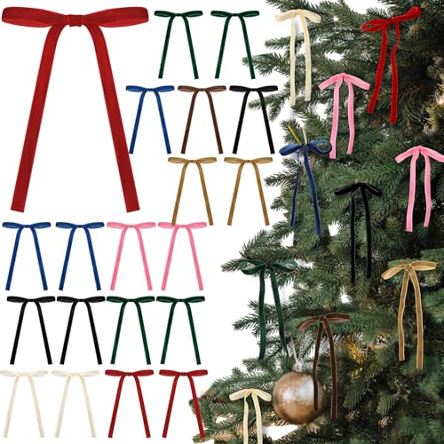 Colorful 24 Pcs Velvet Bows Christmas Tree Ornaments Valentines Day Bows Decoration for Garland Home Coquette Wedding Decor (5 x 7 Inch,Width of 3/8")