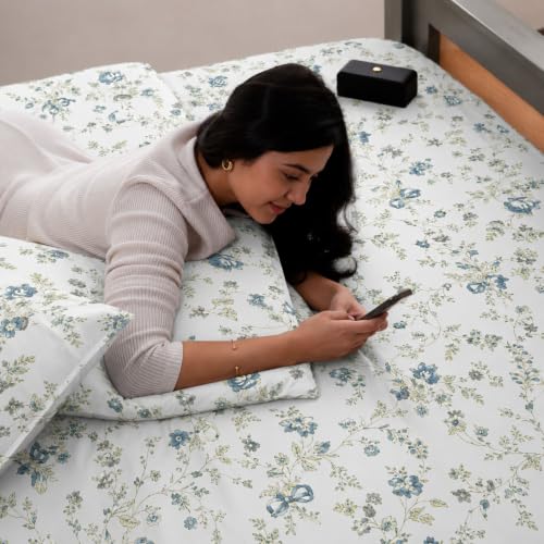 Image of Jaipur Weaves Cotton Linen Feel King Size Bedsheet 108x108 Super King, 100% Pure Cotton Bed Sheet with 2 Pillow Covers, 300 TC Soft Breathable Floral Design Bedding -(Vintage Blue, Super King)
