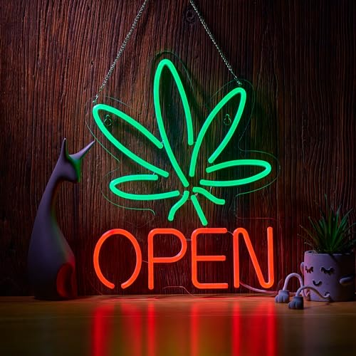 Image of Marijuana Open Neon Sign for Wall Decor Hemp LED with Dimmable Switch Sign Man Cave Art Bars Beer Cannabis High Life Neon Signs Light, Red+Green