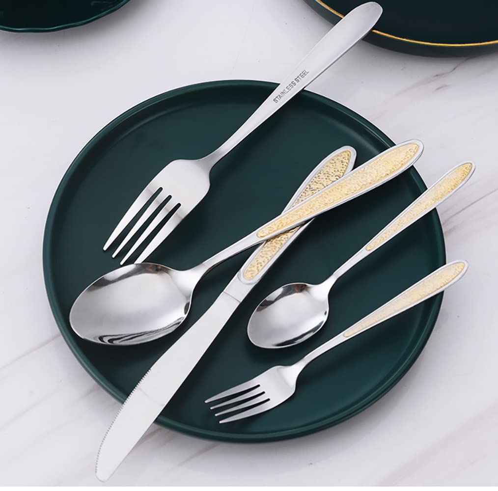 Juego de 30 piezas con estampado en relieve Juego de cubiertos de cocina vajilla de acero inoxidable cuchillo y tenedor cuchara comercial bistec café occidental vajilla (dorado)