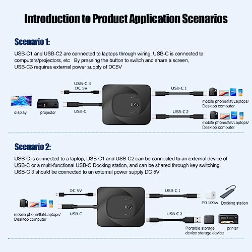 Conmutador USB C, Conmutador USB C Bidireccional de Salida 2 en 1 para 2 Computadoras, Pantalla HD de 8K 60 Hz, Transferencia de Datos de 10 Gbps, Carga PD de 100 W, Divisor de