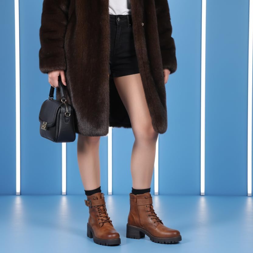 Women's Combat Boots Classic Lace-Up Ankle Booties with Side Zipper & Buckle, Chunky Mid Heel - Image 2