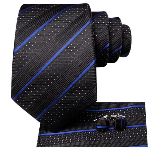 Image of Hi-Tie Mens Plaid Ties Classic Paisley Necktie with Handkerchief Cufflinks Set Business Stripe Tie