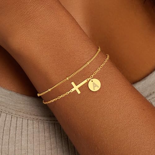 Gold Cross Initial Bracelets for Women Girls, 18K Gold Plated Cross Bracelet Layered Disc Initial Bracelet Gold Bracelets for Women Girls Christian Baptism Religious Jewelry2