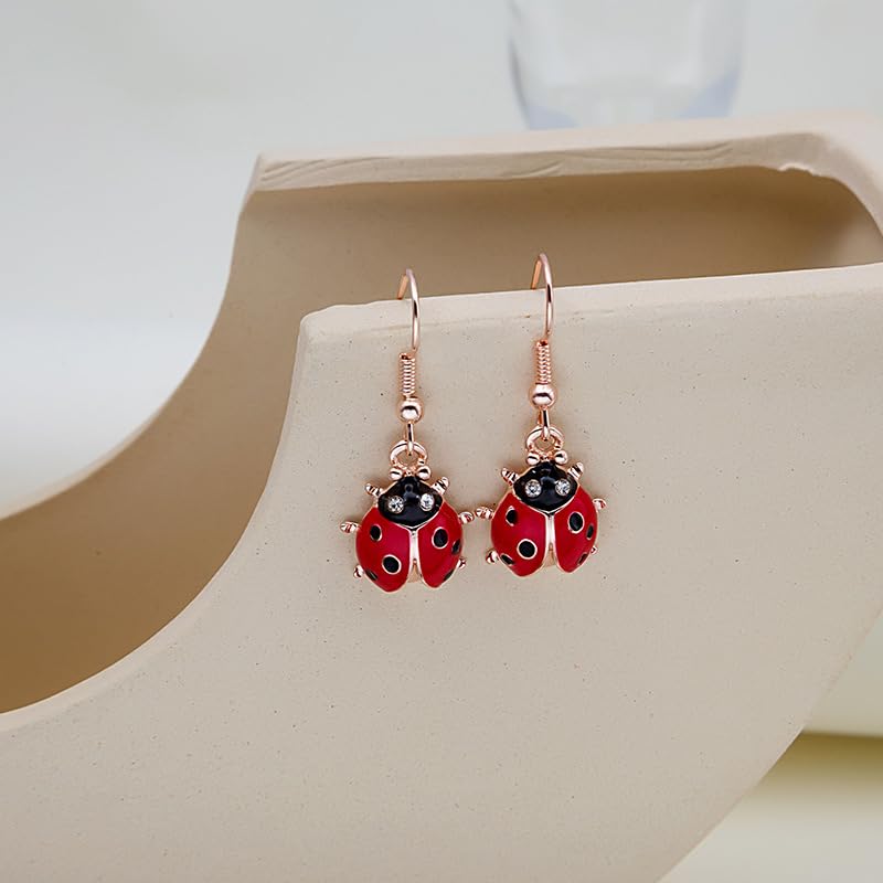 Cute Red Ladybug Dangle Hook Earrings for Women Hypoallergenic Funny Dainty Small Beetle Delicate Adorable Ladybird Black Head Crystal Bugs Insect Drop Earring Fashion Lucky Animal Jewelry Christmas Halloween Party Gifts Daughter2