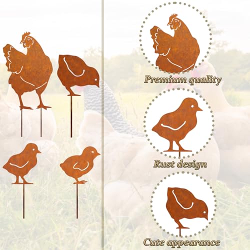Hühner Gartenstecker, 4er Ostern Rost Deko Hühner für Draußen, Gartendeko für Draußen Wetterfest, Deko Huhn Gartenstecker Metall Bauernhof Frühling Deko