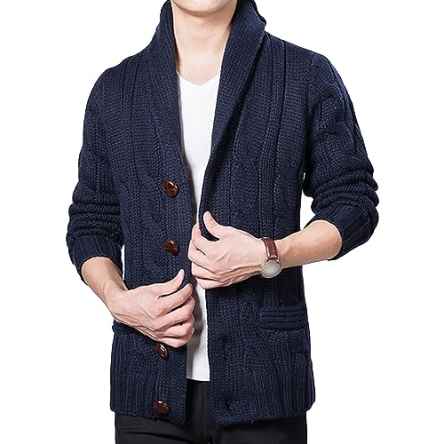 Men's Long Sleeve Shawl Collar Sweater Casual Buttons Down Cable Knit Cardigan Ribbed Sweater With Pockets