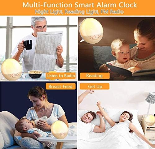 Sunrise Alarm Clock Wake-Up Light - Natural Light Alarm Clocks,with FM Radio,Sunrise/Sunset Simulation,Snooze,Sleep Aid,Nightlight,USB Charger,4 Alarms,7 Sounds.20 Brightness,for Kids,Heavy Sleepers