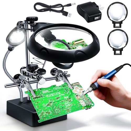Helping Hands Magnifier Soldering Station with LED Light,LXIANGN 2.5X 7.5X 10X Desktop Magnifying Glass with Stand with Auxiliary Clamp for Miniature Painting,Model,Repair,Crafts,Hobby