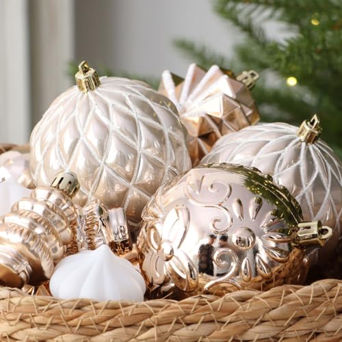 Mixed Shape Christmas Tree Decorations Ornament Set, Embossed Glittered Accents for Seasonal Branch Mantel Displays Holiday Ornament Assortment Tree Decorations Mixed Shape Baubles Glittered Metallic - Image 4