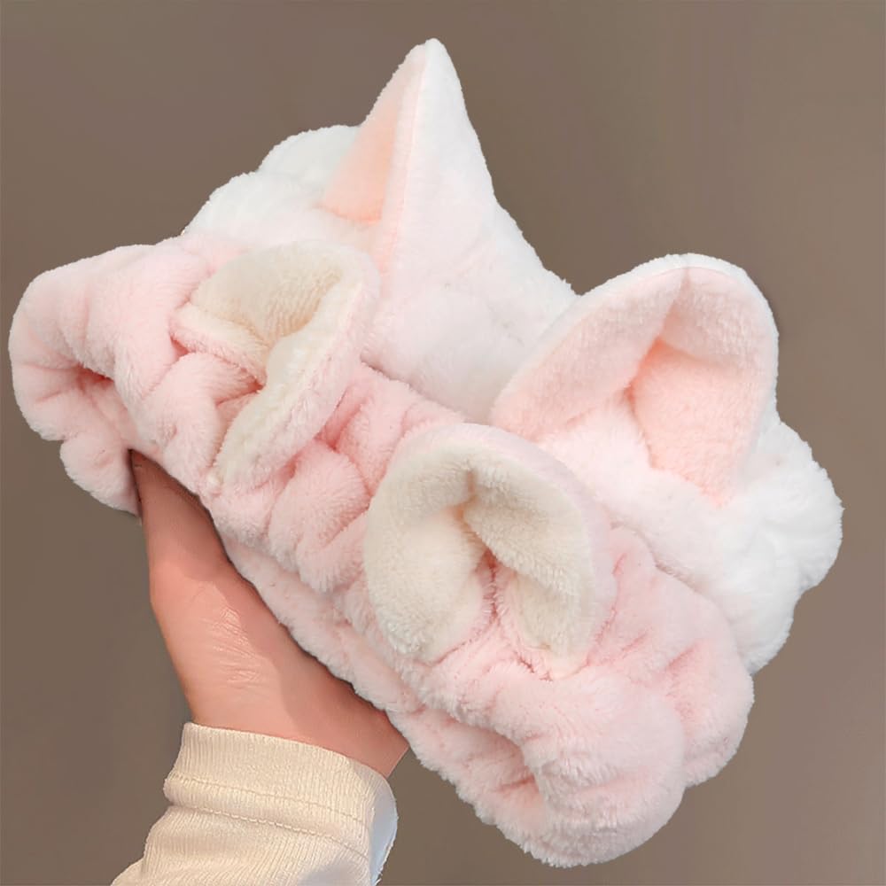 Huachi Cute Cat Ears Spa Headband - Soft Coral Fleece