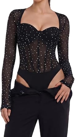 Sunzel Women Sequin Mesh Bodysuit Long Sleeve Sheer Going Out Body Suits