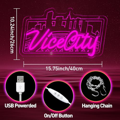 Image of Pink Vice City Neon Sign - Dimmable Led Neon Sign for Bedroom 15.75 x 10.24 Inch,USB Powered for Gaming Room Bar Party Indoor Girl Pub Man Cave Kids Room Decoration Birthday Party Gifts
