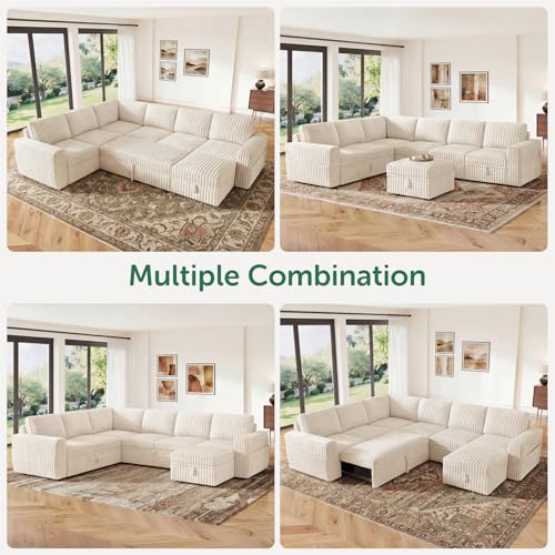 Image of HONBAY Modular Sectional Sleeper Sofa with Pull Out Bed,Corduroy U Shaped Couch with Storage, Sectional Couches for Living Room,Beige