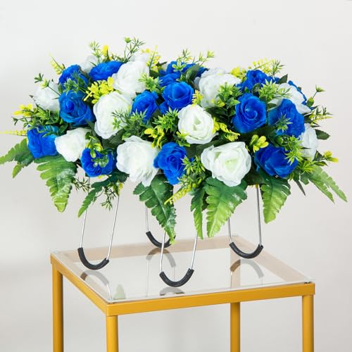 Artificial Headstone Flower Saddle, Cemetery Flowers for Graveside, Memorial Grave Flowers for Cemetery Tombstone Headstone Decoration (Blue with White) image 2