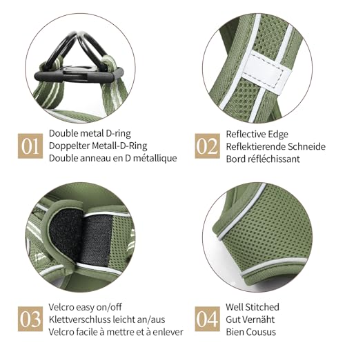 HEELE Hundegeschirr Einstellbare Anti Zug Geschirr Reflektierend Atmungsaktiv Geschirr Hunde Leichtes Brustgeschirr Kleine Hunde für Gehen Laufen Training, Reflektierend, Armee Grün, M