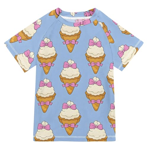 ALAZA Kids Rash Guard Girls Toddler Swim Shirts Short Sleeve Ice Cream Blue Bowtie UPF 50+ 3T