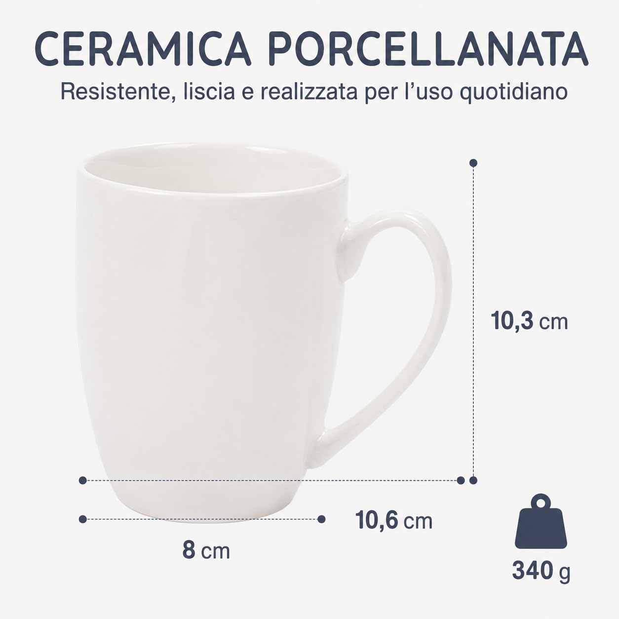CUQOO Set di 12 tazze da caffè bianche, 350 ml, in ceramica di porcellana con manico, set di tazze grandi, lavabili in lavastoviglie e adatte al microonde, tazze sfuse per casa, ufficio e catering