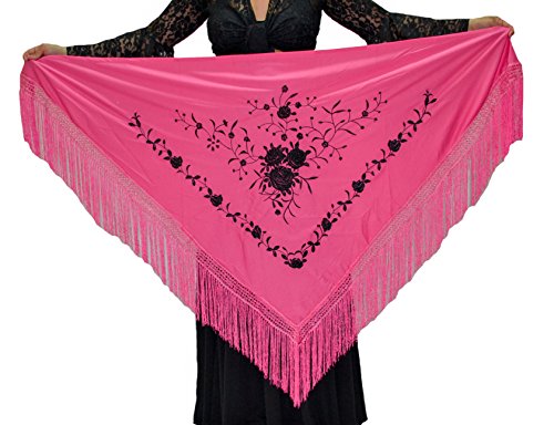 Medium Beak Shawl Triangular Flamingo or Sevillanas (63.0 x 30.7 in) Pink Embroidered Black