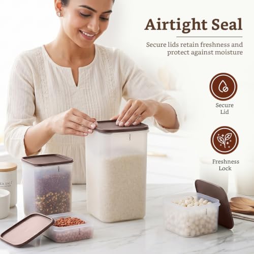 Image of Amazon Brand - Solimo Airtight Plastic Square Storage Containers Food Grade Set of 4(1.5L,2.7L,5.5L& 15.5L) | BPA-Free Durable Kitchen Storage | Stackable Pantry & Fridge Containers for Dry Food, Brown