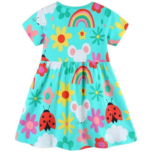 AIWUHE Toddler Girls Dress Cotton Casual Short Sleeve Striped Jersey Dresses Summer Cartoon Dinosaurs Appliques Shirt 2-7Y2