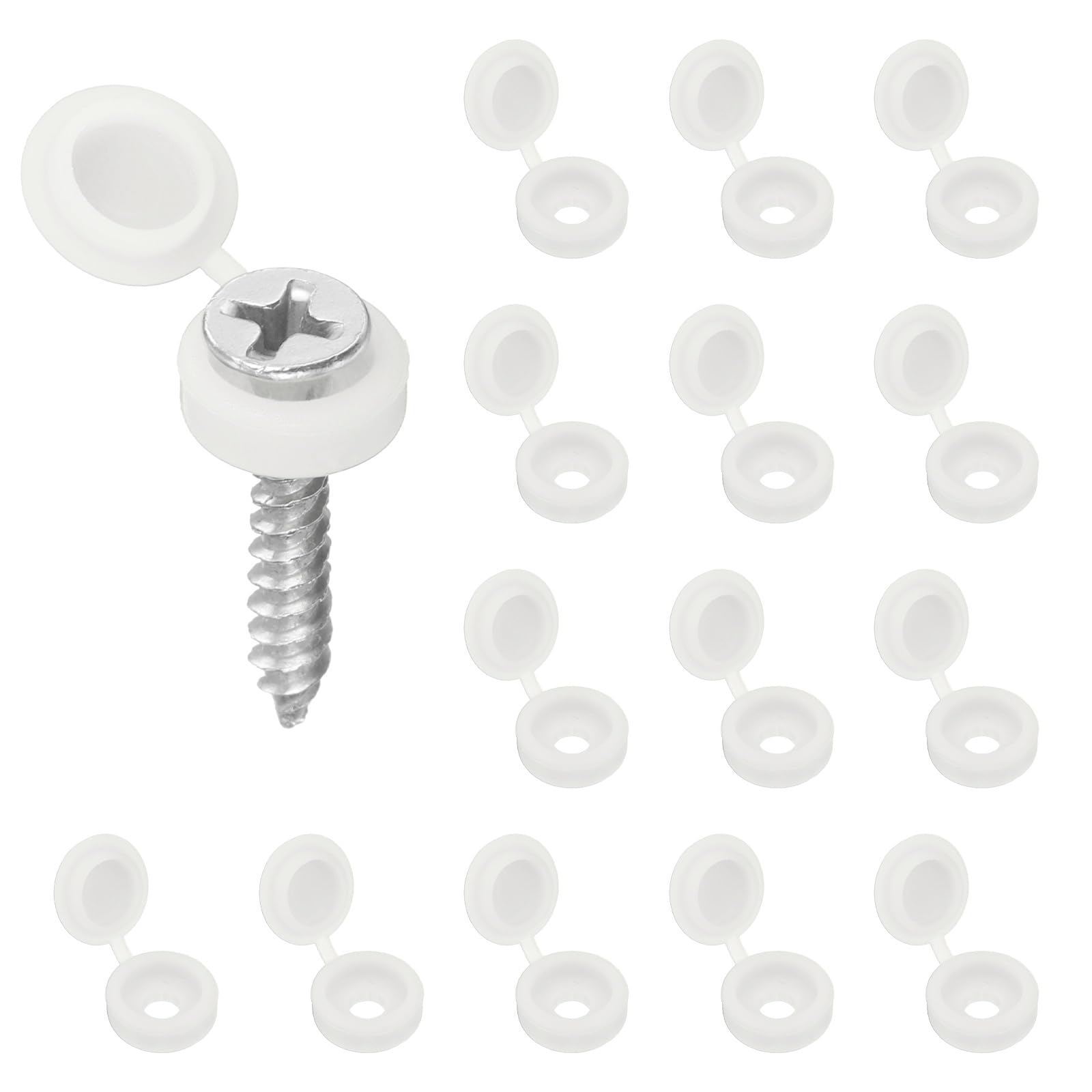 sourcing map 200pcs Plastic Hinged Screw Cover Caps 3.1mm / 0.12" Shutter Screw Caps Fold Snap Washer Covers for Windows Outside Railings Furniture, White