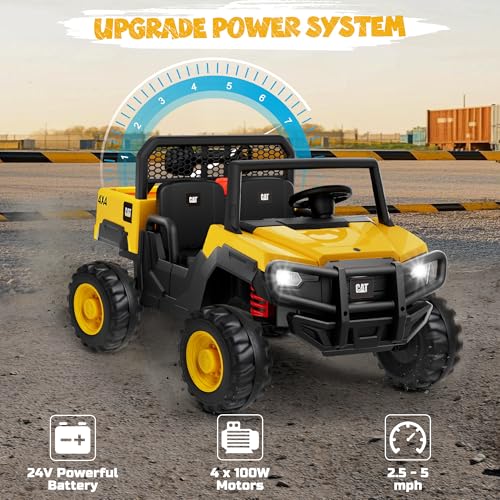 ANPABO 24V Licensed Caterpillar Ride On Dump Truck, 4X100W Powerful Motors, Up to 5Mph, Parent Remote Control, Dump Bed and Shovel, Electric Car for Kids 3-6, Yellow
