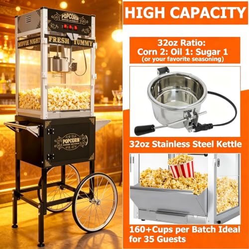 Image of 32oz Commercial Popcorn Machine with Wheels, Vintage Black Cart with Stand | 32OZ Stainless Steel Kettle, Tempered Glass Professional Pop Corn Maker, Large Capacity for Hallloween Parties, Home Theater