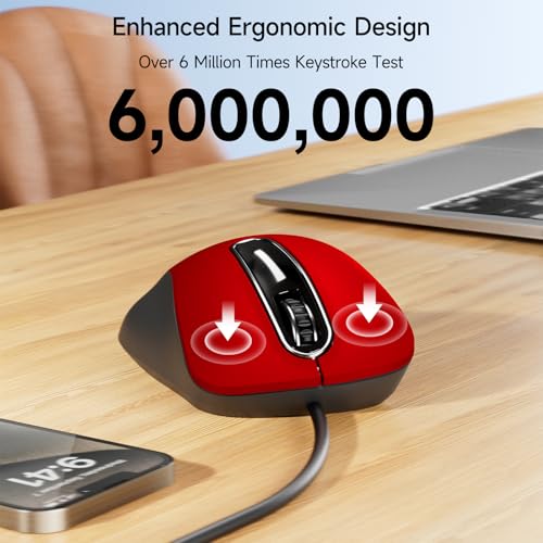 memzuoix Wired Mouse, USB Computer Mouse 1400 DPI Mobile Optical Mouse Ergonomic Design Computer Mice with 5FT Cord for Laptop, PC, Desktop, MacBook, 5 Buttons (Pomegranate Red) M-697-red-HLY-JP の商品画像 3