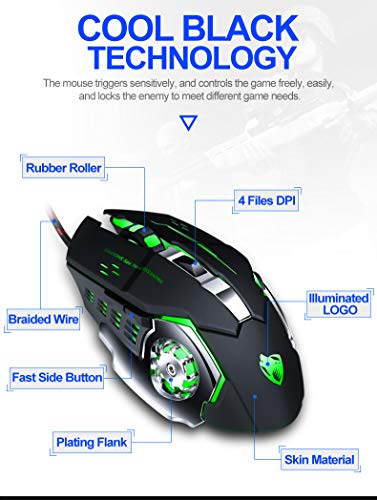 Image of D25 Gaming Mouse,Tinji TJ-1 Wired USB 2.0 Optical Mice, 3200 DPI LED Backlight 6 Button, 4 Color Breathing Lights with 1.5M Nylon Cable for Gamers