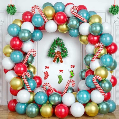 Hiseng Juego de Globos de Navidad, Globos de Látex Natural, Globos de Cumpleaños Decoración, Bombona Helio Globos, Globos para Bodas, Fiestas, Bautizos, Photocall (145 Piezas,bastón de Navidad)