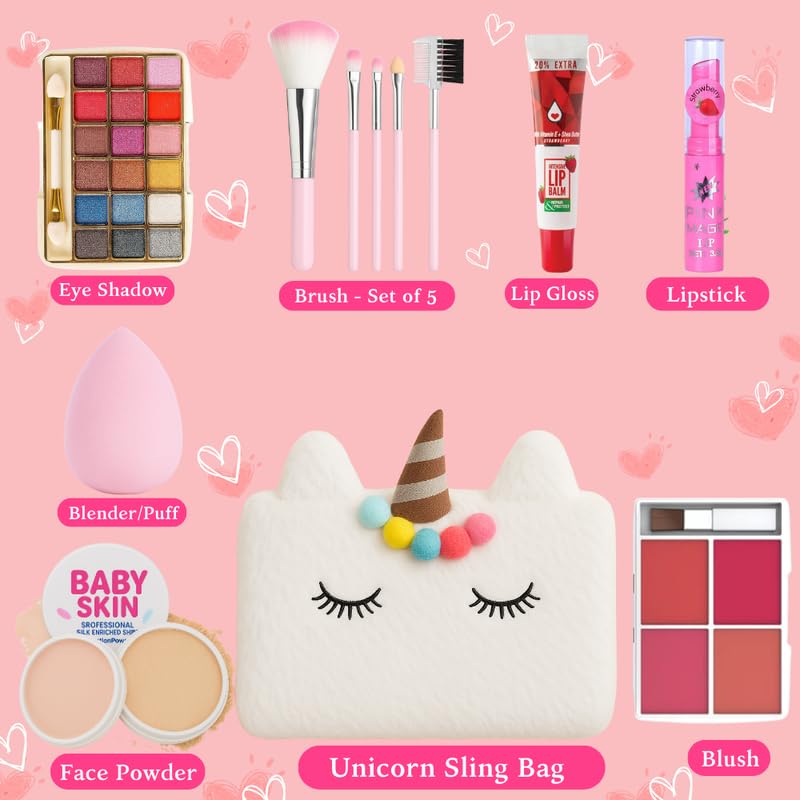 Image of Linivya Kids Real Makeup Kit for Girls & Teens | 15-Piece Set with Unicorn White Bag - Safe, Non-Toxic, Washable - Birthday Gift for Ages 6-17