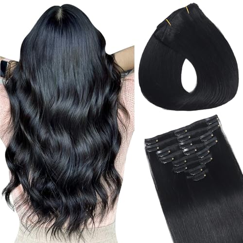 Image of Clip in Hair Extensions Real Human Hair, Human hair Clip ins Extensions | Seamless Invisible Human Hair Extensions Clip ins Straight 8Pcs Double Weft Tangle Free, No Shedding Jet Black 24inch 120g